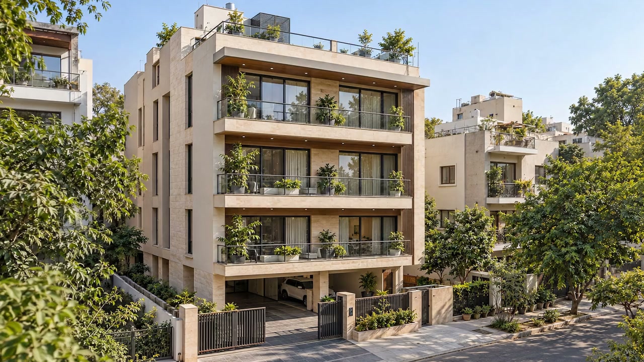 Daylight Delhi-style builder-floor building with stilt and three residential levels, generated architectural illustration